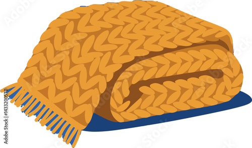 Folded warm yellow knitted blanket with fringes cozy home textile vector illustration 