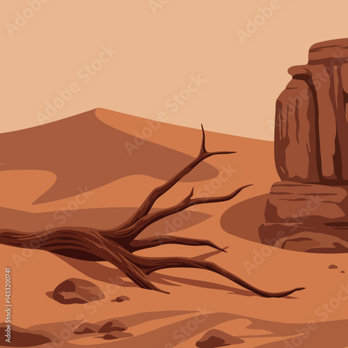 Desert landscape with dry tree and rocky formations in warm brown tones vector illustration 