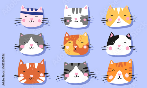Adorable cartoon cats in a kawaii style vector set, perfect for stickers, textiles, children products, and playful pet-themed designs
