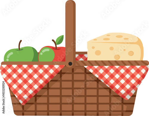 Picnic basket with green apples and cheese on red checkered cloth vector illustration 