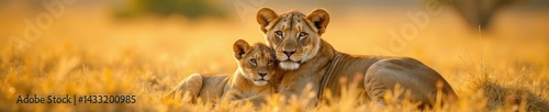 Lion cubs and mother lion snuggling on the savannah, warmth, lion, savannah