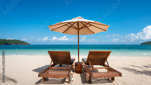 beach chairs and umbrella on the tropical beach
