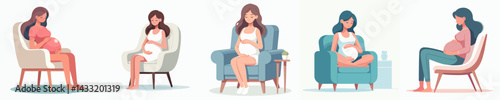 set vector pregnant woman sitting on chair