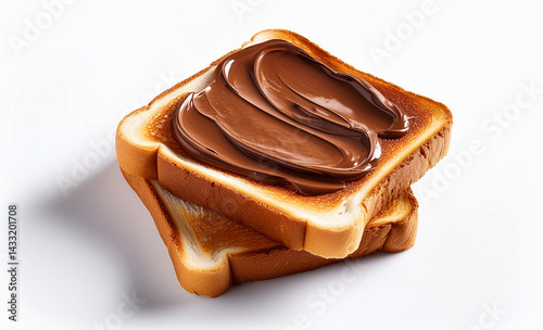Chocolate spread on toast bread on white background