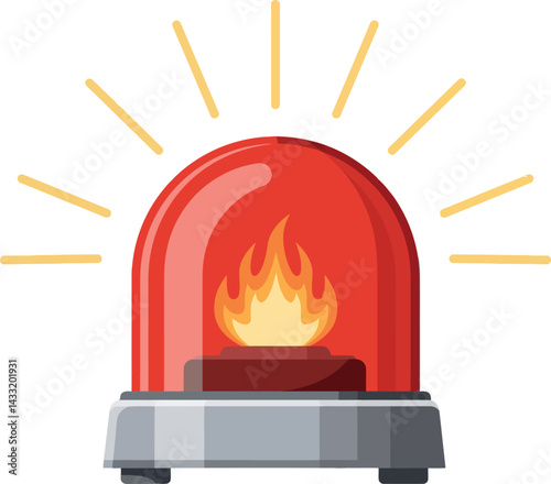 Red emergency siren light flashing vector illustration with flames and glowing rays 