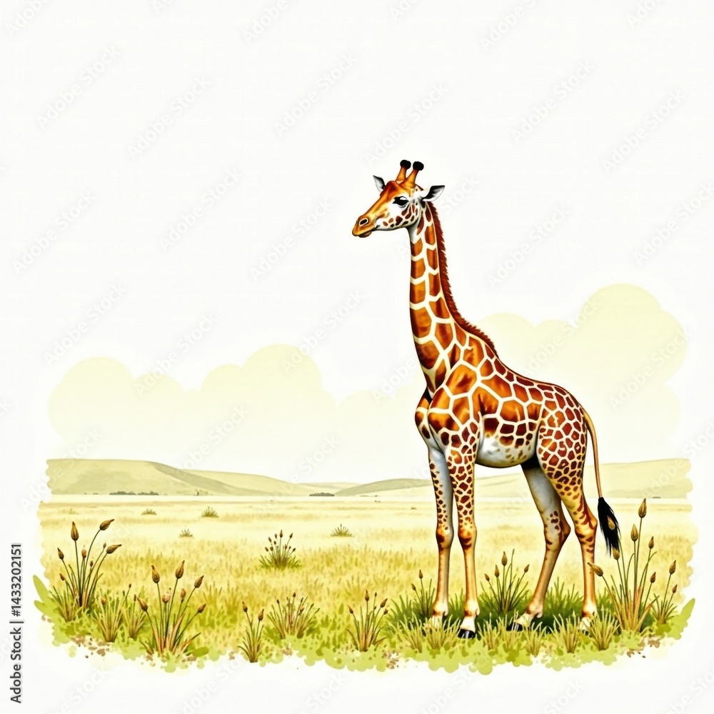 Obraz premium Watercolor illustration of a giraffe in the savannah, watercolor art, animal, nature