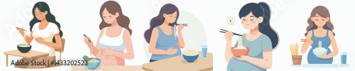 vector set of pregnant woman eating a bowl of noodles