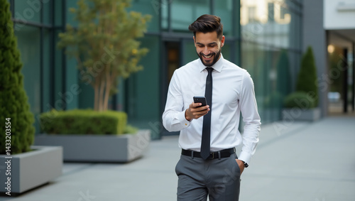 asian male freelancer walking near business center holding phone, smiling reading news, successful businessman