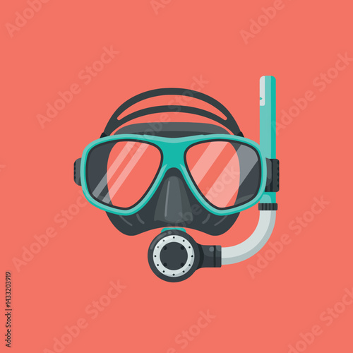 Snorkeling mask and snorkel gear in turquoise and black vector illustration on coral background 