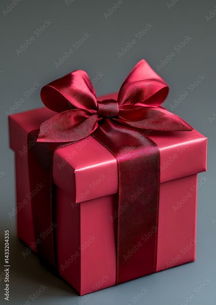 Obraz premium Elegant pink gift box with luxurious burgundy ribbon bow on dark background, creating sophisticated contrast for special occasions and holiday celebrations.