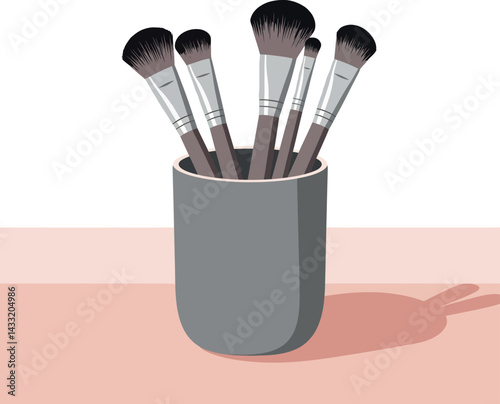 Makeup Brushes in Gray Holder on Pink Surface Vector Illustration Beauty Tools 