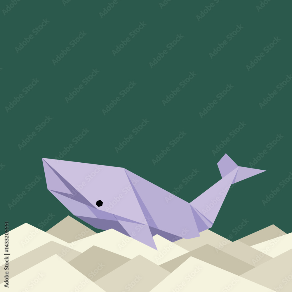Fototapeta premium Origami whale craft art on geometric sand dunes with green background vector illustration 