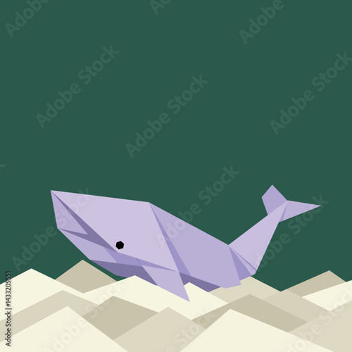 Origami whale craft art on geometric sand dunes with green background vector illustration 