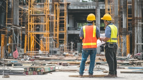 Construction workers review blueprints, safety gear visible, building framework behind, depicting construction process.