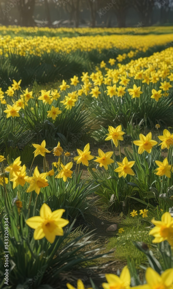 Obraz premium Sunlit daffodils burst forth in vibrant yellow against a lush green field , vibrant, garden, outdoor