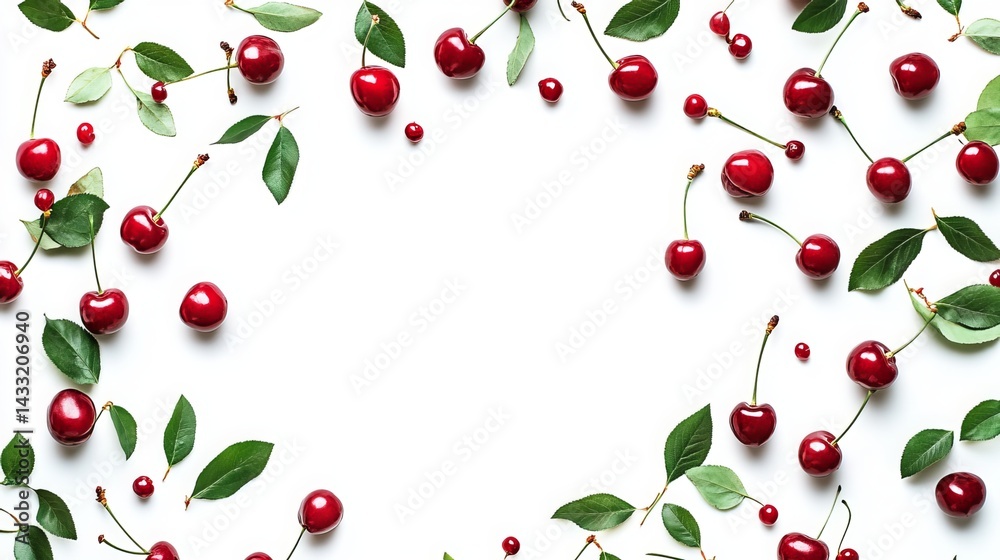 Isolated tart or sour cherries with leaves against a white backdrop. Clipping paths included.