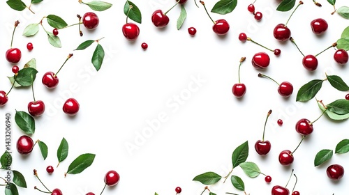 Obraz na płótnie Isolated tart or sour cherries with leaves against a white backdrop. Clipping paths included.
w salonie