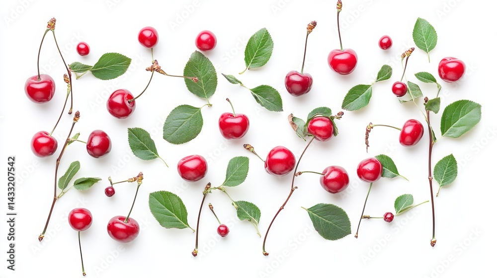 Isolated tart or sour cherries with leaves against a white backdrop. Clipping paths included.