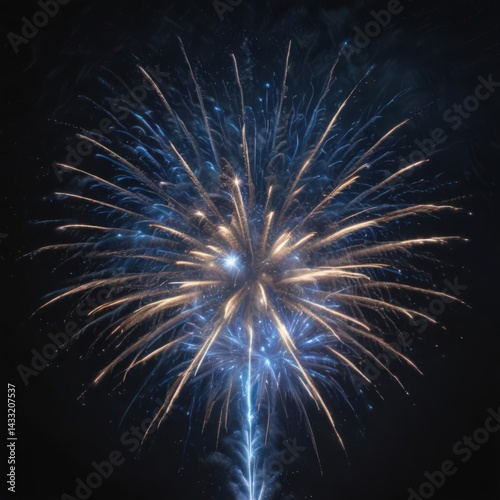 Vibrant blue fireworks explode in dark, starlit sky  Isolated , explosion, celebration, graphic photo