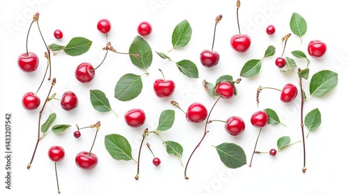 Obraz na płótnie Isolated tart or sour cherries with leaves against a white backdrop. Clipping paths included.
w salonie
