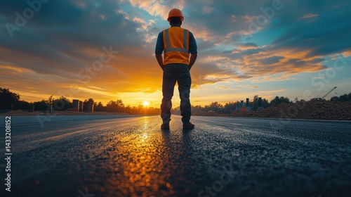 Construction worker stands looking out, watching sunset, anticipating project completion, demonstrating dedication, expertise, commitment.