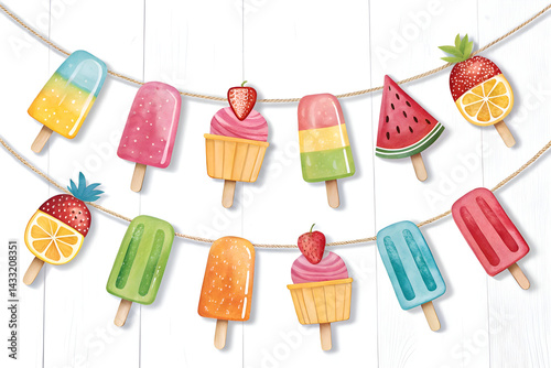 A cute cartoon vector illustration features a  ice cream set in a seamless summer pattern design.