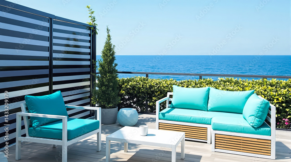 Fototapeta premium modern turquoise outdoor sofa set with ocean view
