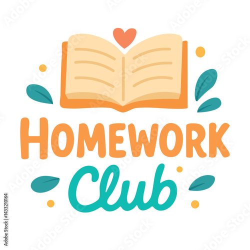 Cartoon lettering “Homework Club” with open book, heart and leaves. Flat vector clipart for school and kids education.