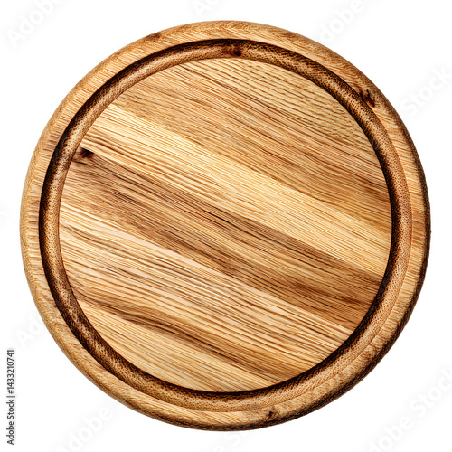 Round wooden cutting board with a groove on a white background.