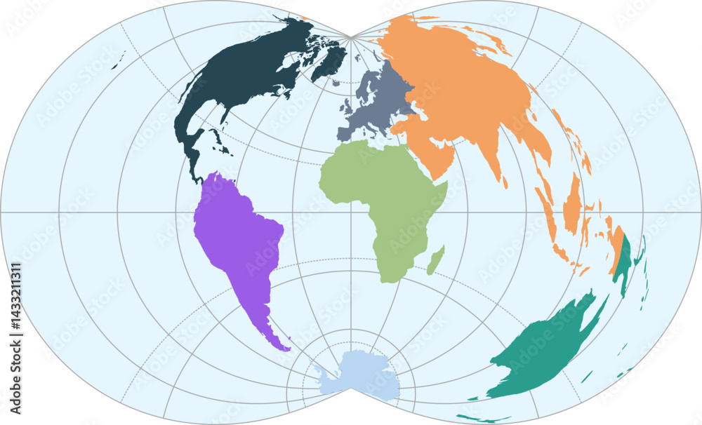 Fototapeta premium World vector map with continent boundaries and graticules (Rectangular polyconic projection, PPT-compatible, pre-colored & fully editable)