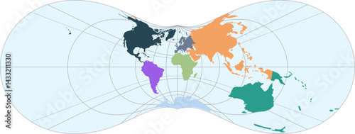 World vector map with continent boundaries and graticules (Roussilhe stereographic projection, PPT-compatible, pre-colored & fully editable)
