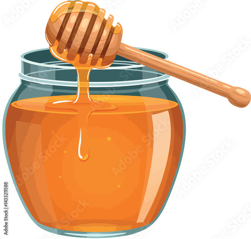 Honey jar with wooden dipper dripping golden honey vector illustration natural sweet food item 