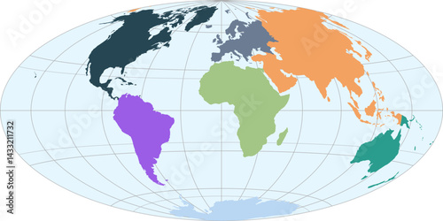 World vector map with continent boundaries and graticules (Hammer projection, PPT-compatible, pre-colored & fully editable)