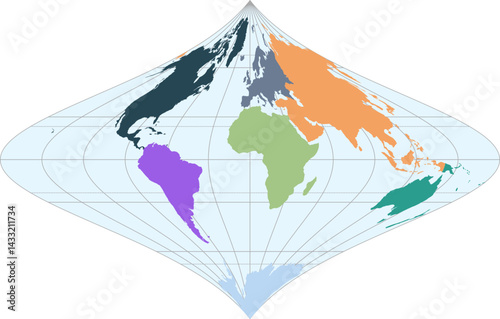 World vector map with continent boundaries and graticules (Fouc projection, PPT-compatible, pre-colored & fully editable)