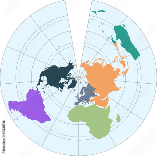 World vector map with continent boundaries and graticules (Euler projection, PPT-compatible, pre-colored & fully editable)