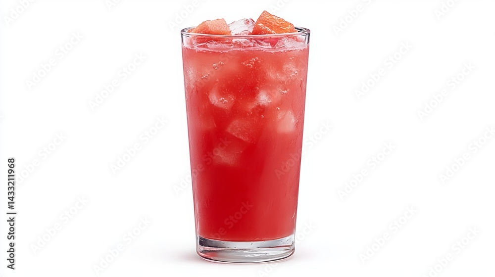 Refreshing watermelon juice, perfect for a Korean cafe. Served chilled against a white backdrop.
