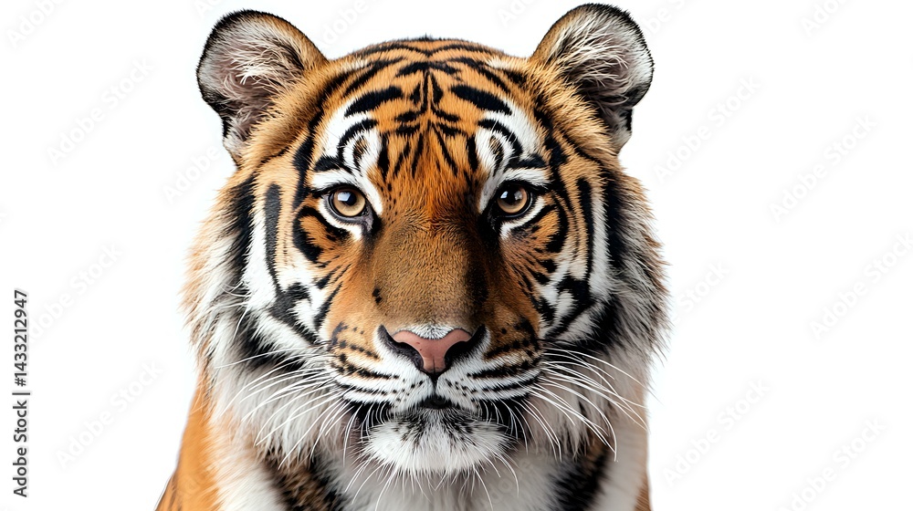 Obraz premium Majestic Bengal tiger head portrait with intense blue eyes and distinctive orange, black and white striped fur pattern isolated on white background for wildlife and nature designs.