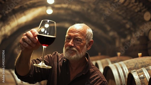 Wine Tasting in Cellar: An experienced individual, immersed in the world of winemaking, evaluates a glass of rich red wine within a rustic, dimly lit cellar. The scene exudes the artistry.