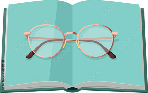 Open book with round eyeglasses resting on pages in soft teal tones vector illustration 