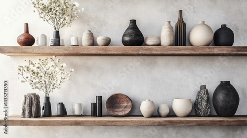 Ceramic vases, pottery art displayed on wooden shelves, present minimalist decor with neutral color palette.