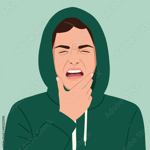 Young man in green hoodie expressing pain touching chin vector illustration 