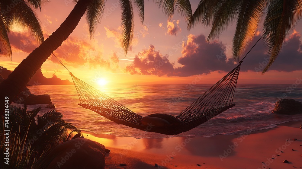 Serene hammock scene at a gorgeous sunset beach.