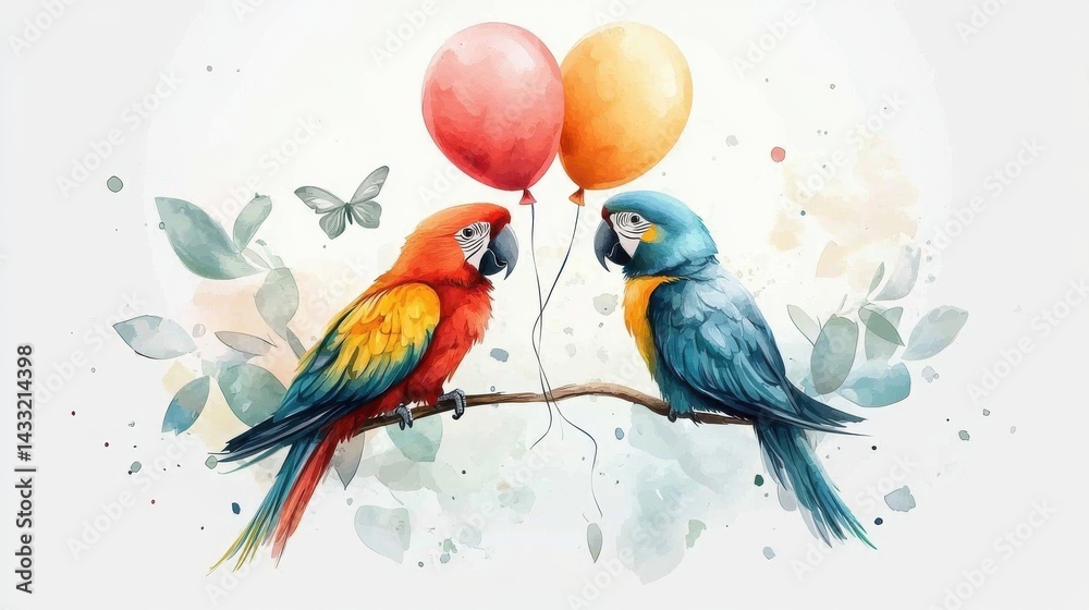 Obraz premium Two colorful parrots sit on a branch holding balloons, surrounded by soft watercolor elements, creating a whimsical and cheerful atmosphere.