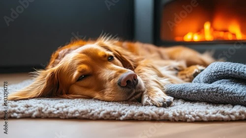 Golden retriever relaxing by fireplace