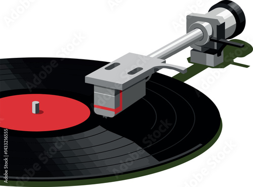 Vinyl record player turntable closeup with red label and black grooves vector illustration 
