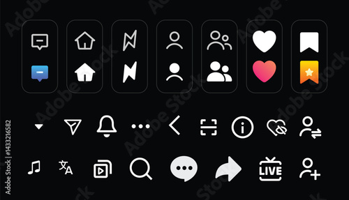 Mobile App Home Screen Icons Set with Heart, Like, Save, Search, and Messaging Features for User Interface Design. Tik tok, instagram, facebook, meta, linkedin, Youtube