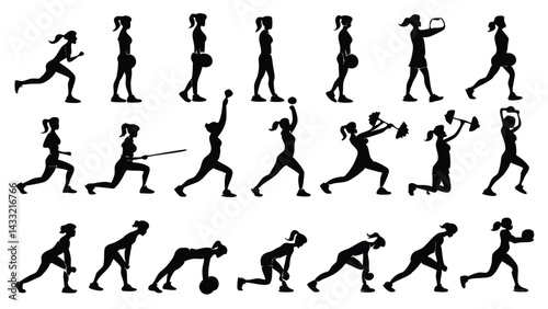 Set Of Fitness Silhouettes Exercising Women In Various Poses Perfect For Gym And Workout Designs Or Health And Wellness Concepts