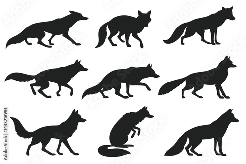 Set Of Fox Silhouettes Various Poses And Actions Isolated On White Background For Wildlife And Nature Designs