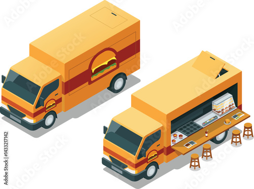 Burger food truck with opened shop model - Isometric food vehicle set