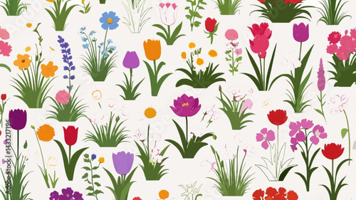 Flower and grass flat icon set isolated on white. Various garden flowers including rose, tulip, orchid, Espatifilo, bells flowers, Bellis perennis, bulb flowers ai generate